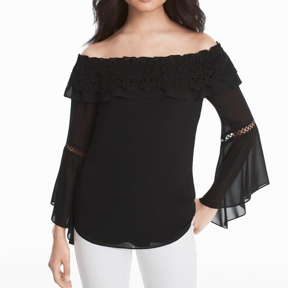 WHBM Off-The-Shoulder Crochet Trim Black Blouse